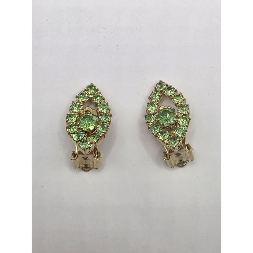 Vintage Art Deco Green Rhinestones Clip-on Earrings 5/8"